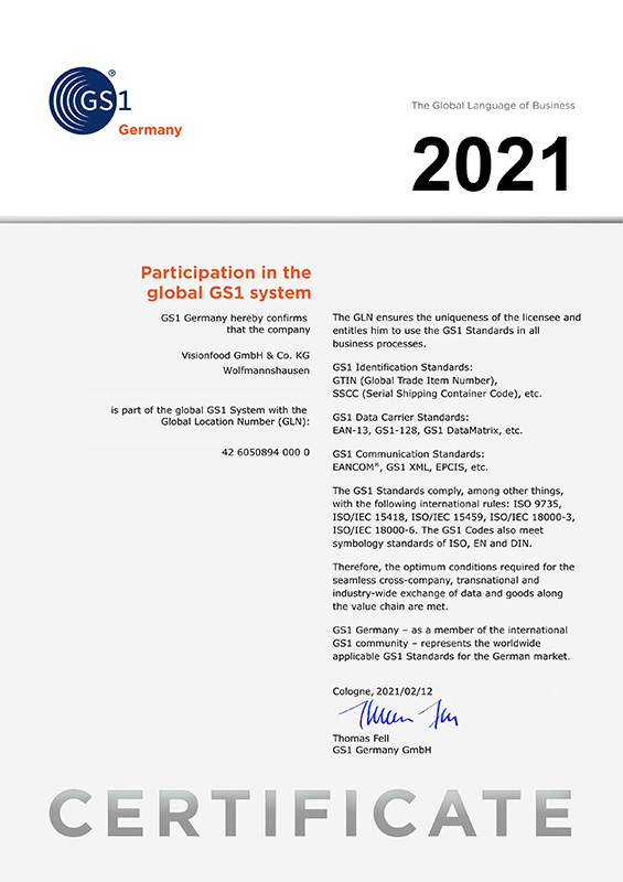 GS1 certification Vision Food