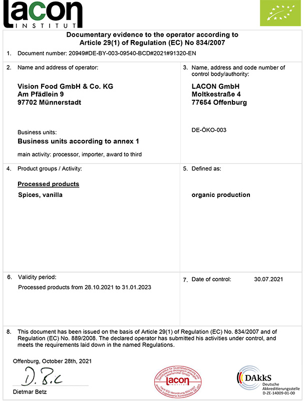 Bio Certificate Vision Food