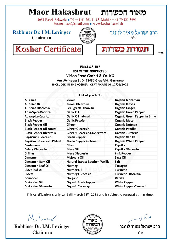Kosher Zertifikat Vision Food