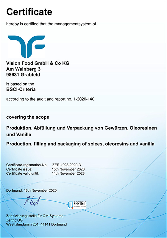BSCI certificate Vision Food